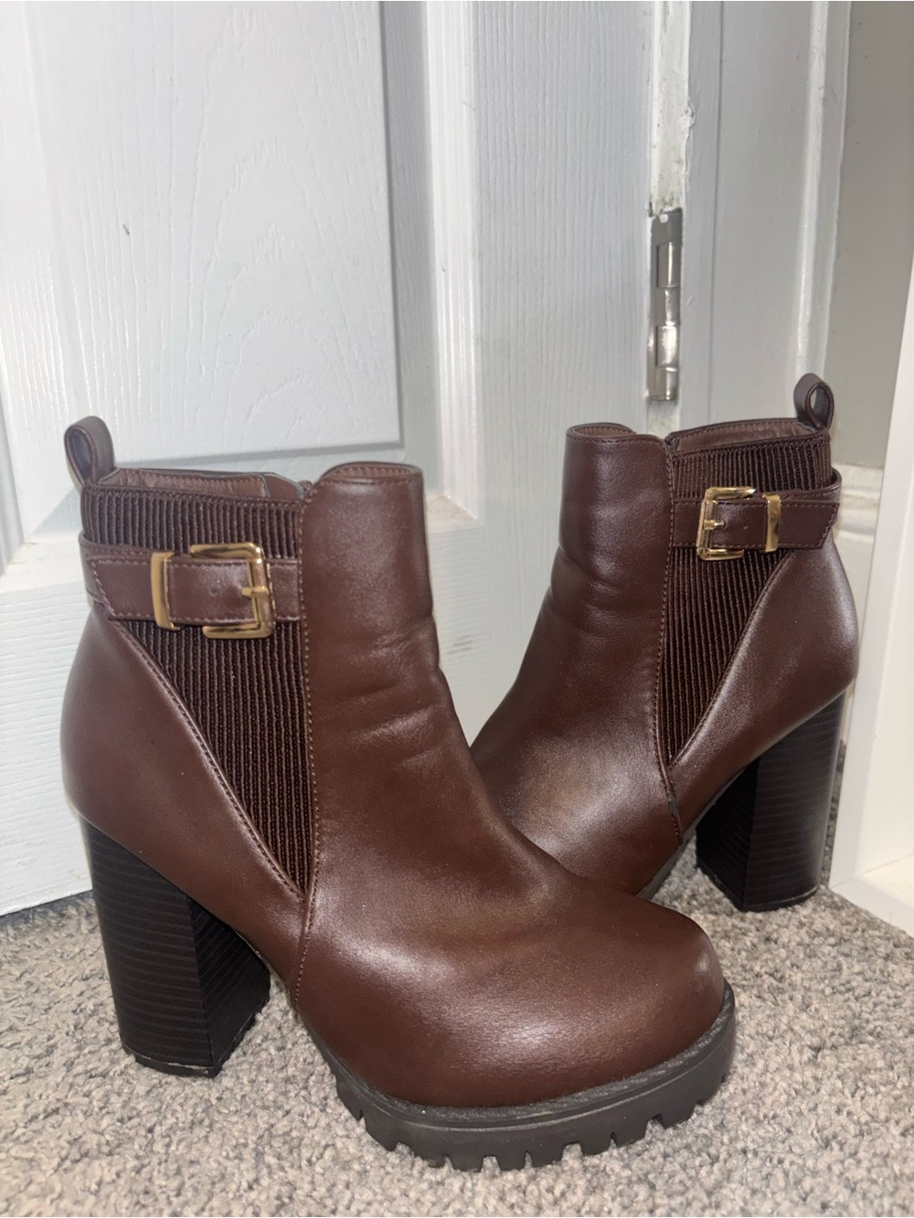 Brown Heeled Ankle Boots with Buckle